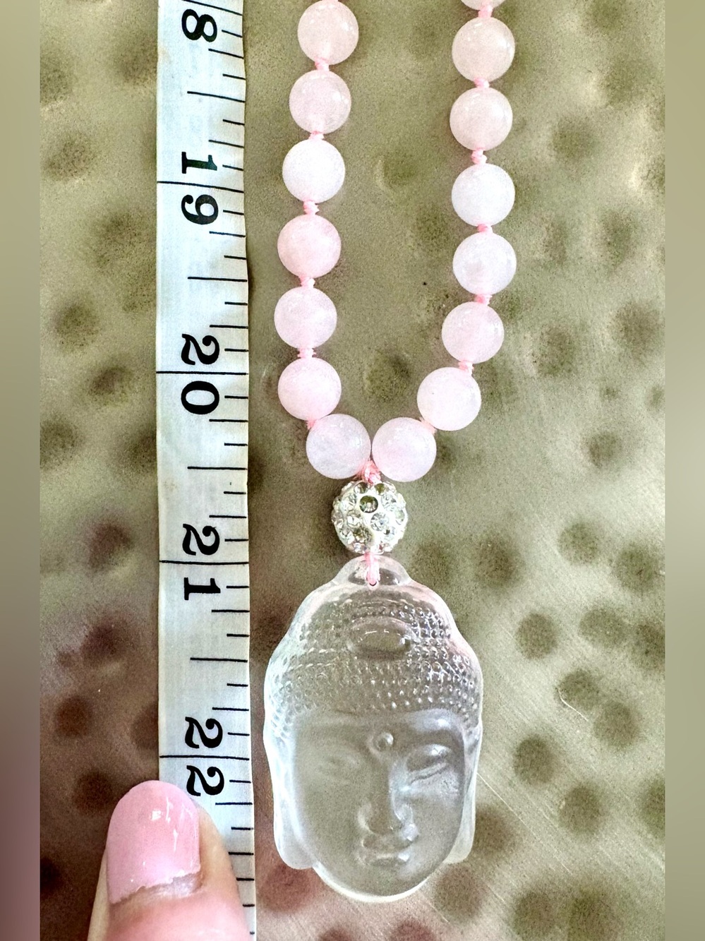 Vintage Rose Quartz Buddha Necklace Rock Crystal Pendant Hand Knotted 40” - Picture 9 of 15